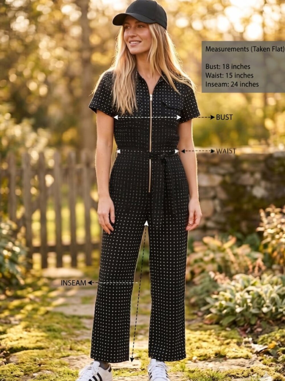 Albion Fit City Jumpsuit in Dotty Black Polka Dot - Size Medium Petite NWT $148 - Picture 2 of 10